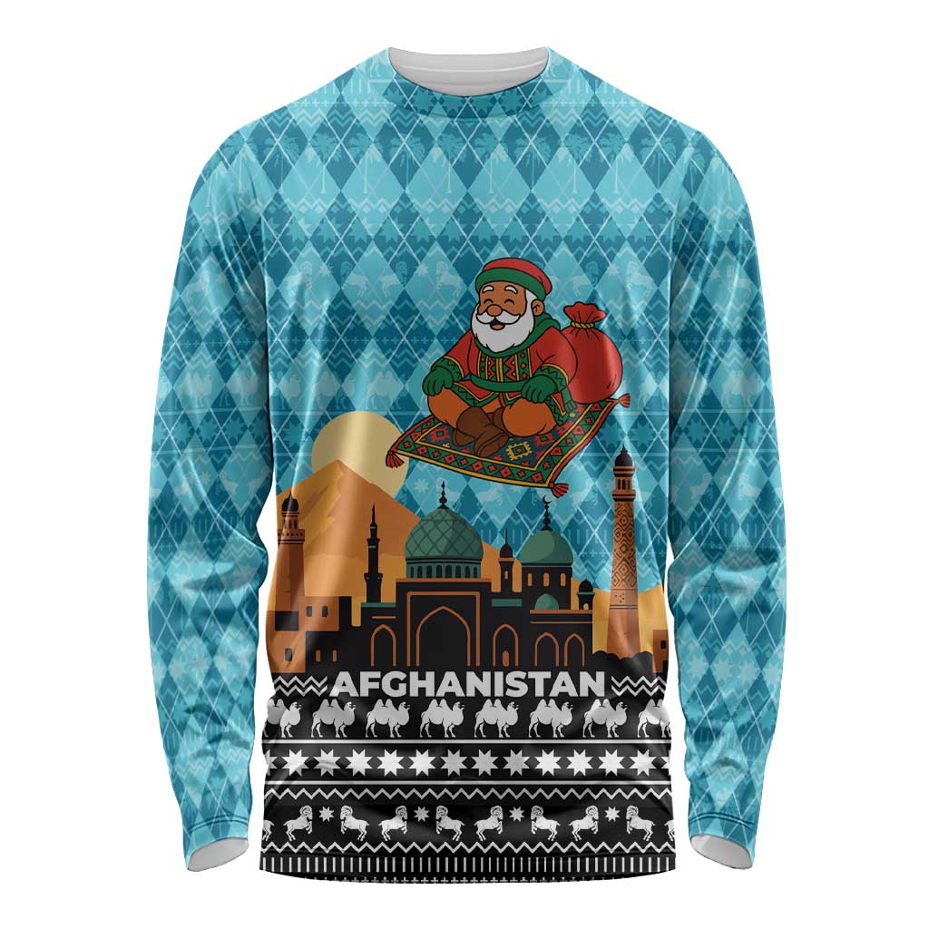 Afghanistan Christmas Long Sleeve Shirt with Santa on Flying Carpet Mosque Camels and Desert Sunset Design - Wonder Print Shop