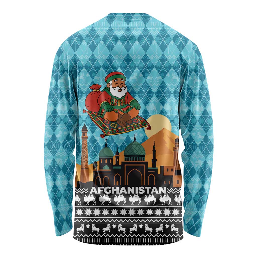 Afghanistan Christmas Long Sleeve Shirt with Santa on Flying Carpet Mosque Camels and Desert Sunset Design - Wonder Print Shop