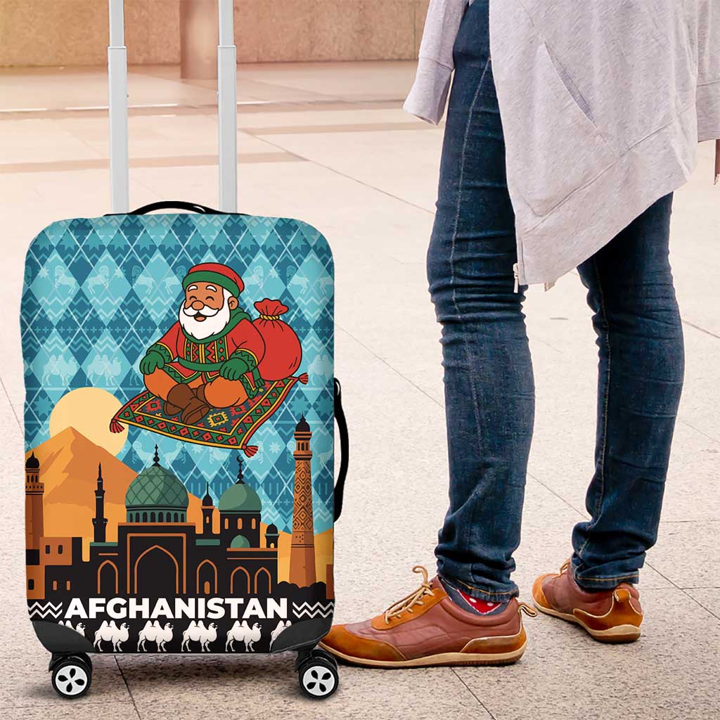 Afghanistan Christmas Luggage Cover with Santa on Flying Carpet Mosque Camels and Desert Sunset Design - Wonder Print Shop