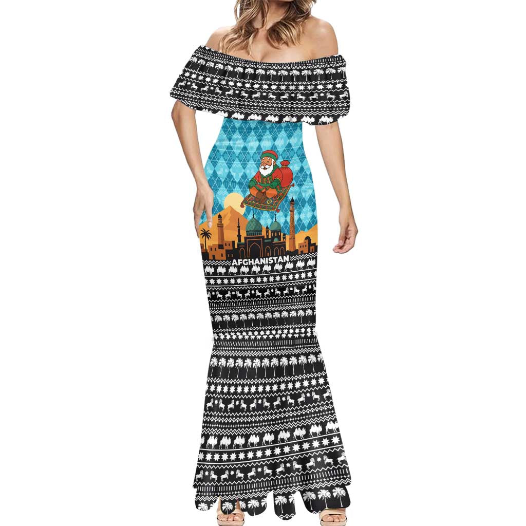 Afghanistan Christmas Mermaid Dress with Santa on Flying Carpet Mosque Camels and Desert Sunset Design - Wonder Print Shop