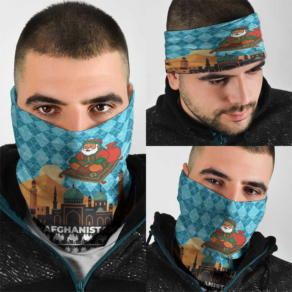 Afghanistan Christmas Neck Gaiter with Santa on Flying Carpet Mosque Camels and Desert Sunset Design - Wonder Print Shop