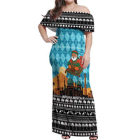Afghanistan Christmas Off Shoulder Maxi Dress with Santa on Flying Carpet Mosque Camels and Desert Sunset Design - Wonder Print Shop
