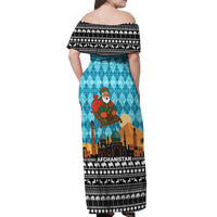 Afghanistan Christmas Off Shoulder Maxi Dress with Santa on Flying Carpet Mosque Camels and Desert Sunset Design - Wonder Print Shop