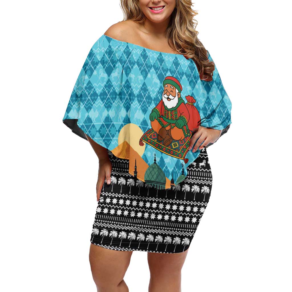 Afghanistan Christmas Off Shoulder Short Dress with Santa on Flying Carpet Mosque Camels and Desert Sunset Design - Wonder Print Shop