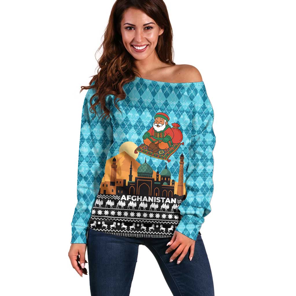 Afghanistan Christmas Off Shoulder Sweater with Santa on Flying Carpet Mosque Camels and Desert Sunset Design - Wonder Print Shop