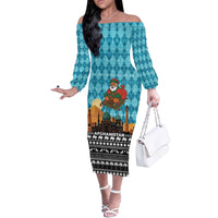 Afghanistan Christmas Off The Shoulder Long Sleeve Dress with Santa on Flying Carpet Mosque Camels and Desert Sunset Design - Wonder Print Shop