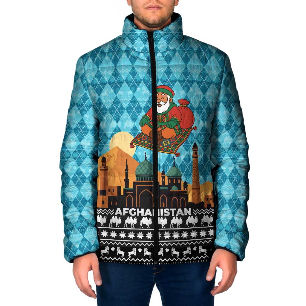 Afghanistan Christmas Padded Jacket with Santa on Flying Carpet Mosque Camels and Desert Sunset Design - Wonder Print Shop
