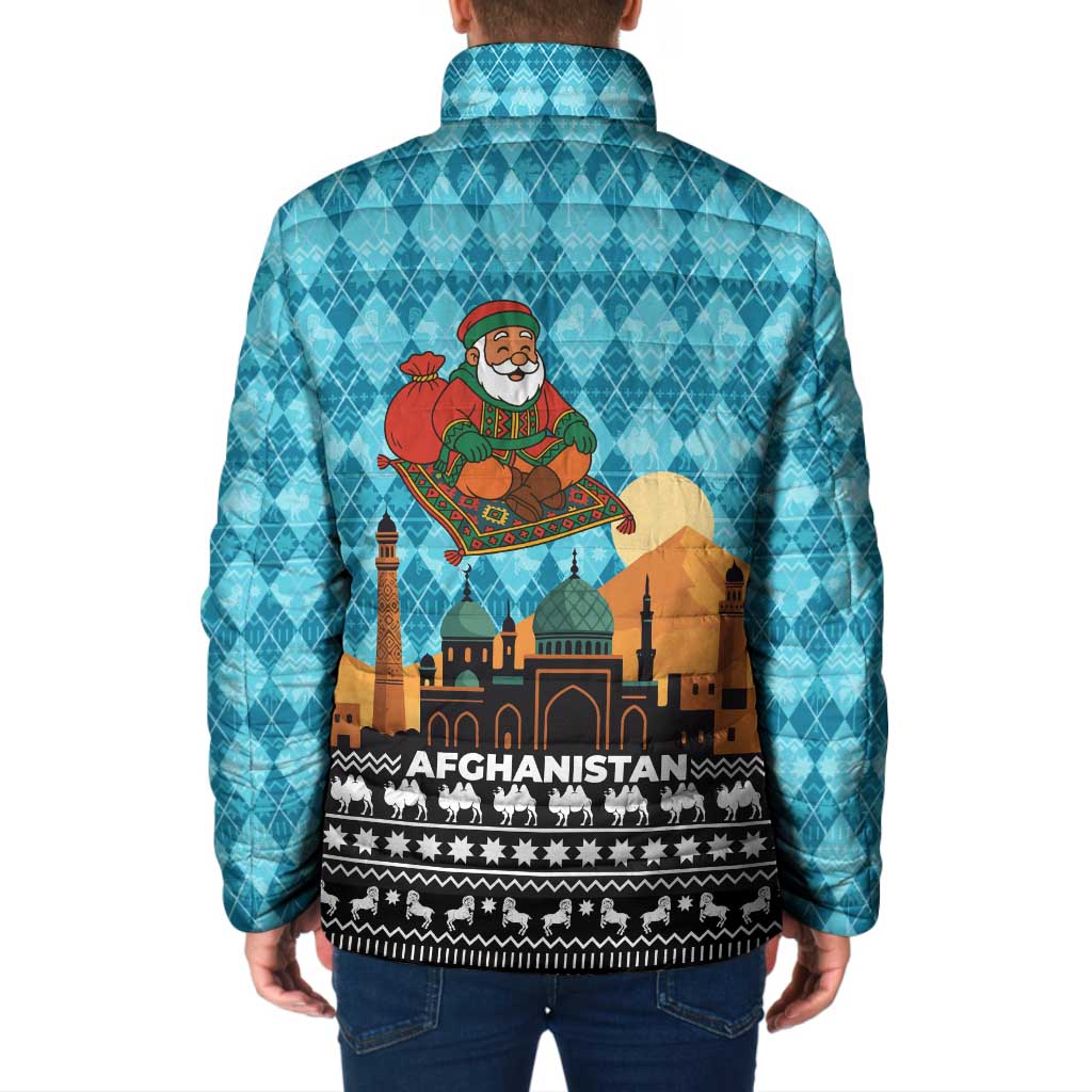 Afghanistan Christmas Padded Jacket with Santa on Flying Carpet Mosque Camels and Desert Sunset Design - Wonder Print Shop