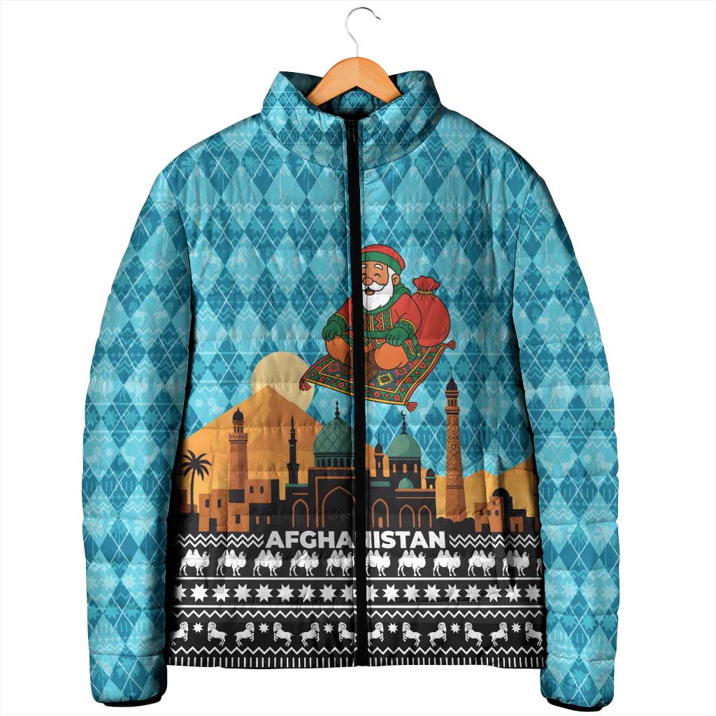 Afghanistan Christmas Padded Jacket with Santa on Flying Carpet Mosque Camels and Desert Sunset Design - Wonder Print Shop