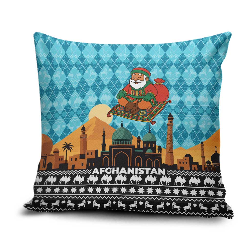 Afghanistan Christmas Pillow Cover with Santa on Flying Carpet Mosque Camels and Desert Sunset Design - Wonder Print Shop