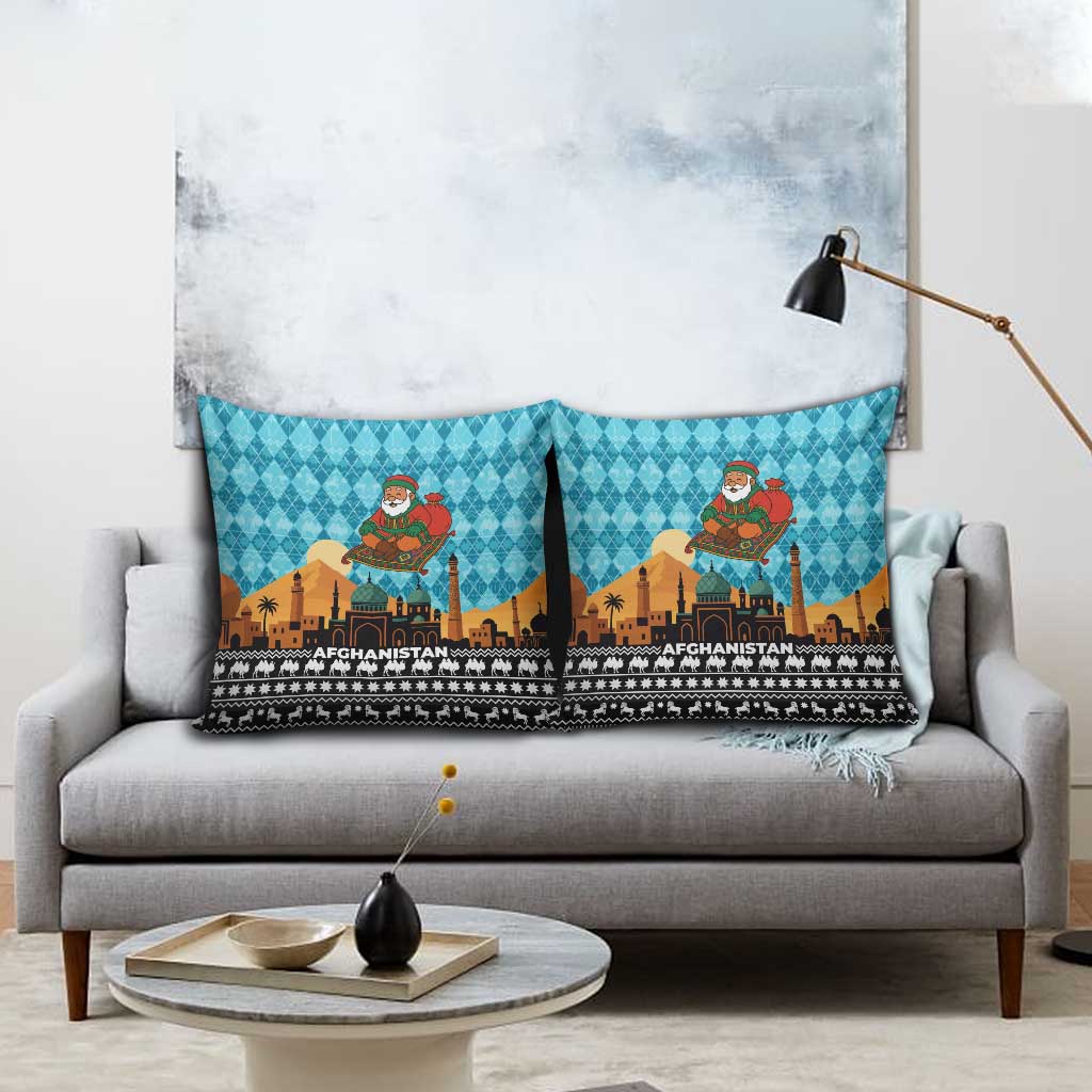 Afghanistan Christmas Pillow Cover with Santa on Flying Carpet Mosque Camels and Desert Sunset Design - Wonder Print Shop