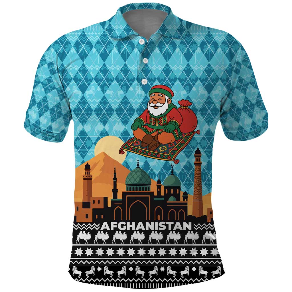 Afghanistan Christmas Polo Shirt with Santa on Flying Carpet Mosque Camels and Desert Sunset Design - Wonder Print Shop