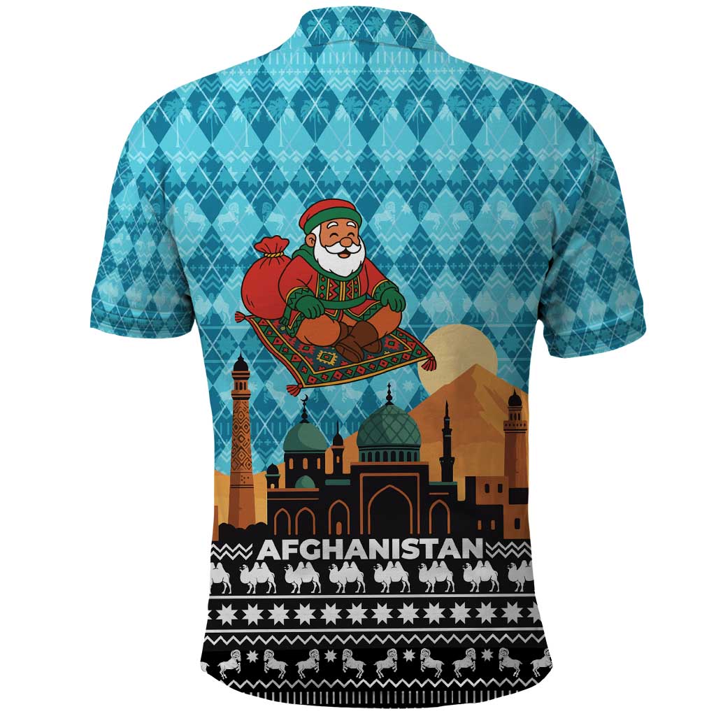 Afghanistan Christmas Polo Shirt with Santa on Flying Carpet Mosque Camels and Desert Sunset Design - Wonder Print Shop