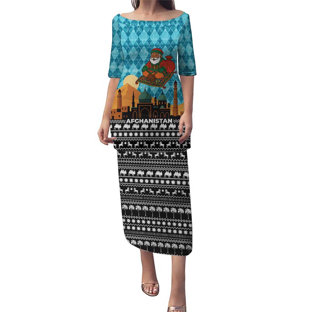 Afghanistan Christmas Puletasi with Santa on Flying Carpet Mosque Camels and Desert Sunset Design - Wonder Print Shop