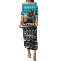Afghanistan Christmas Puletasi with Santa on Flying Carpet Mosque Camels and Desert Sunset Design - Wonder Print Shop
