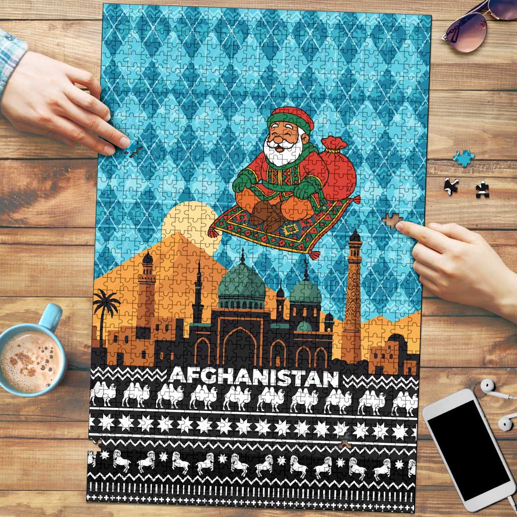 Afghanistan Christmas Puzzle with Santa on Flying Carpet Mosque Camels and Desert Sunset Design - Wonder Print Shop