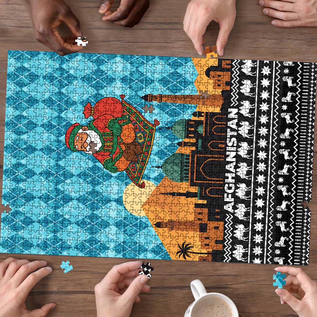 Afghanistan Christmas Puzzle with Santa on Flying Carpet Mosque Camels and Desert Sunset Design - Wonder Print Shop