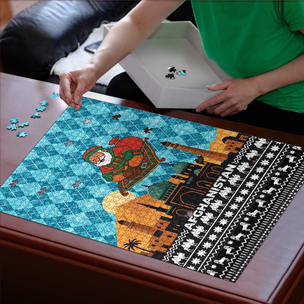 Afghanistan Christmas Puzzle with Santa on Flying Carpet Mosque Camels and Desert Sunset Design - Wonder Print Shop