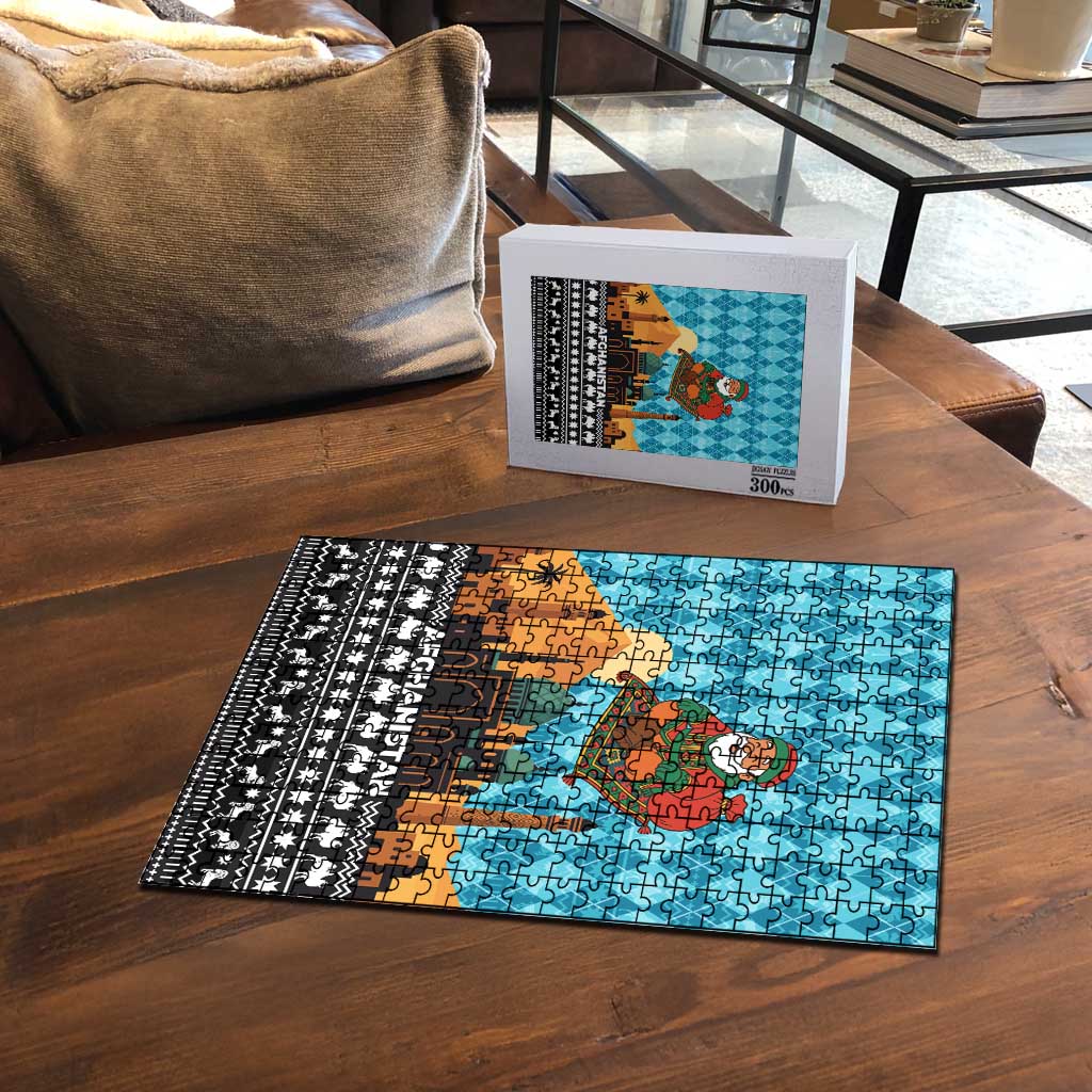 Afghanistan Christmas Puzzle with Santa on Flying Carpet Mosque Camels and Desert Sunset Design - Wonder Print Shop