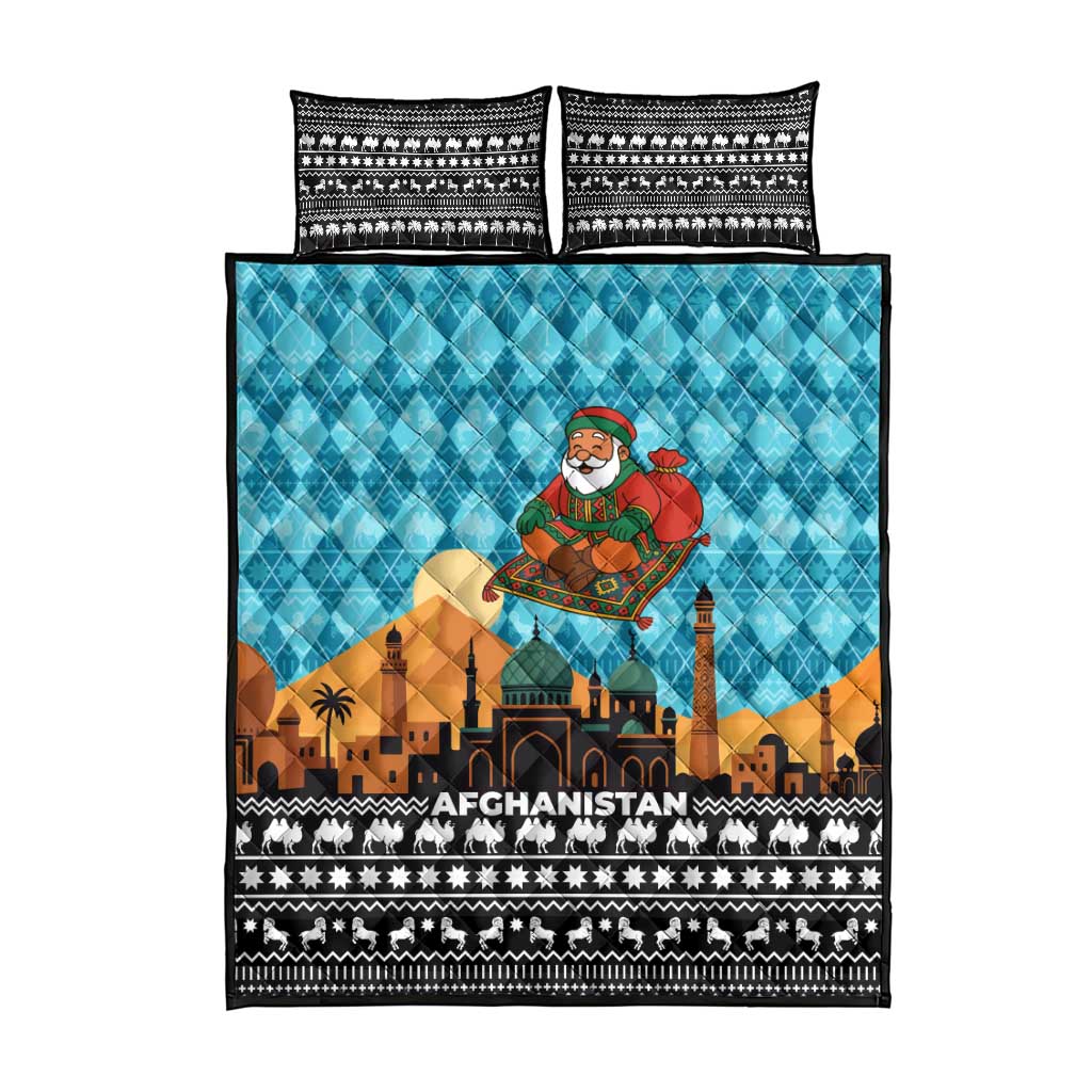 Afghanistan Christmas Quilt Bed Set with Santa on Flying Carpet Mosque Camels and Desert Sunset Design - Wonder Print Shop