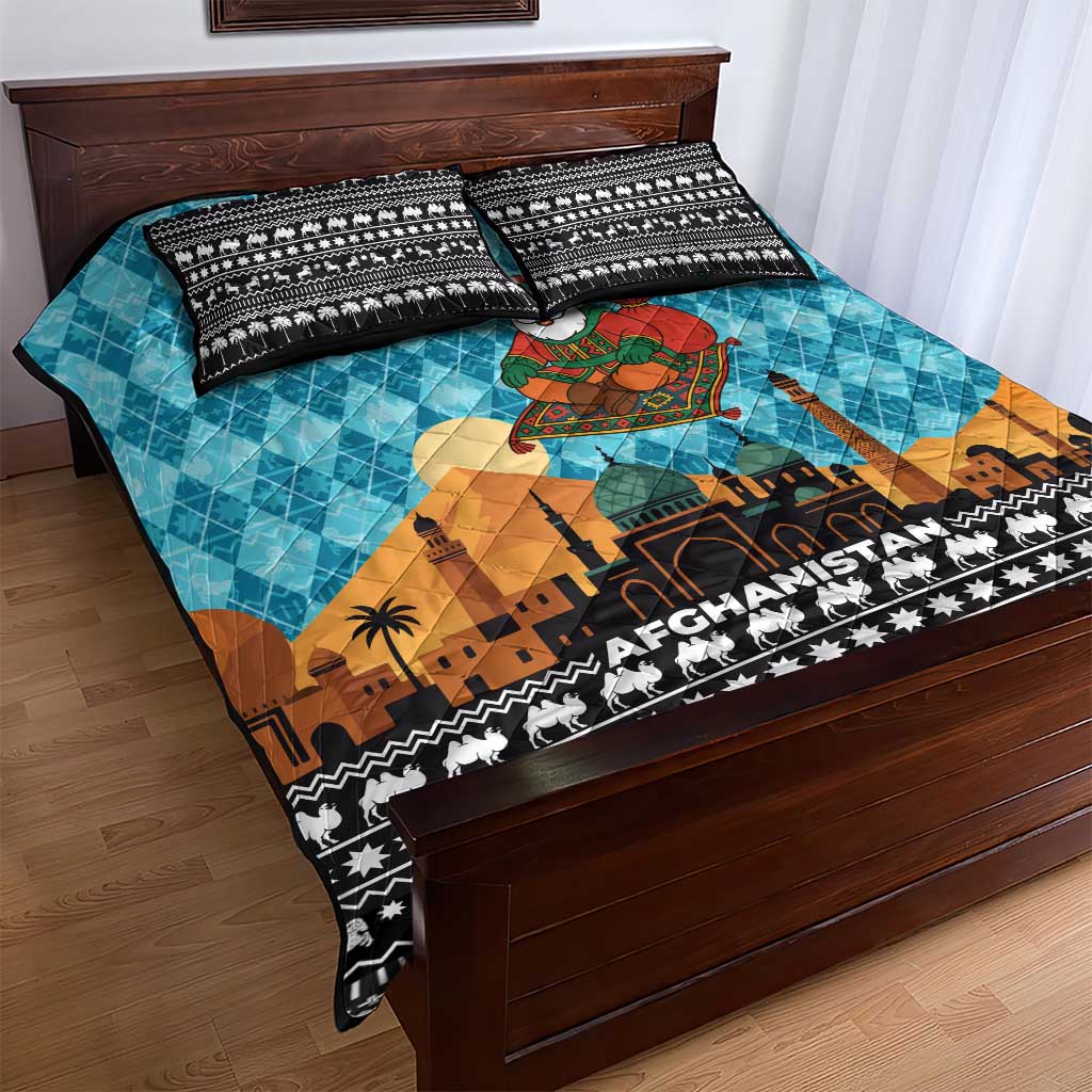 Afghanistan Christmas Quilt Bed Set with Santa on Flying Carpet Mosque Camels and Desert Sunset Design - Wonder Print Shop