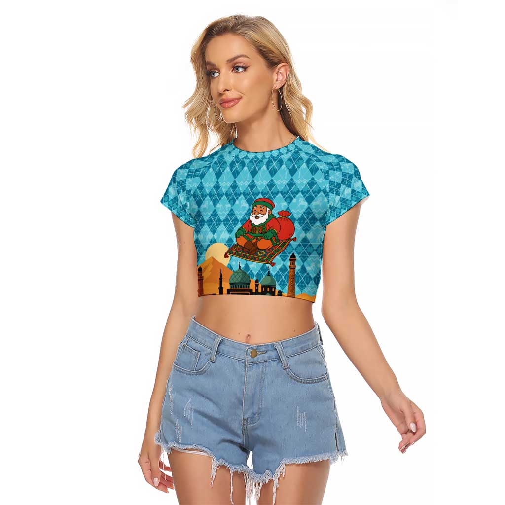 Afghanistan Christmas Raglan Cropped T Shirt with Santa on Flying Carpet Mosque Camels and Desert Sunset Design - Wonder Print Shop