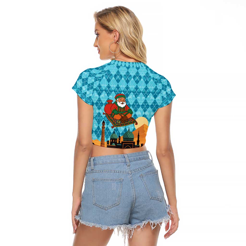 Afghanistan Christmas Raglan Cropped T Shirt with Santa on Flying Carpet Mosque Camels and Desert Sunset Design - Wonder Print Shop