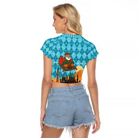 Afghanistan Christmas Raglan Cropped T Shirt with Santa on Flying Carpet Mosque Camels and Desert Sunset Design - Wonder Print Shop
