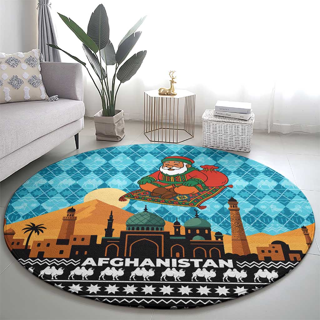 Afghanistan Christmas Round Carpet with Santa on Flying Carpet Mosque Camels and Desert Sunset Design - Wonder Print Shop