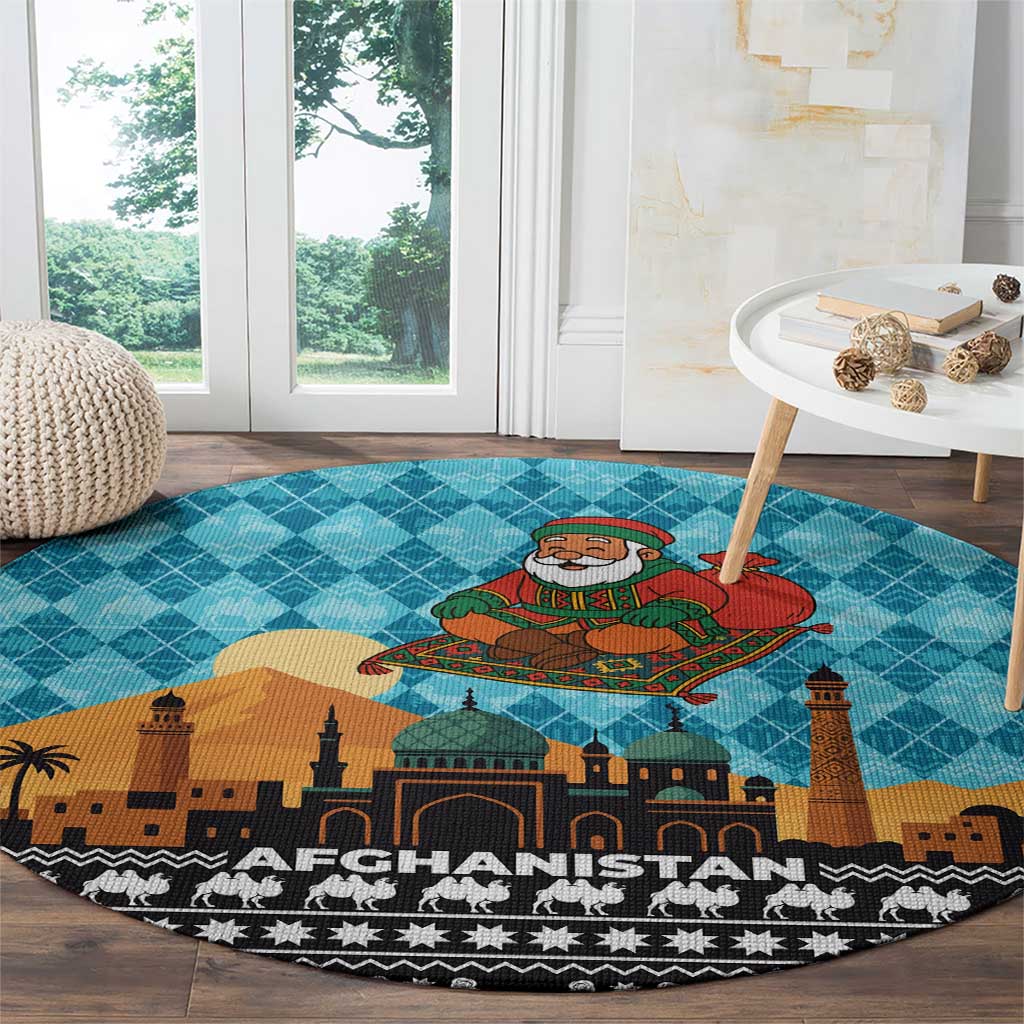 Afghanistan Christmas Round Carpet with Santa on Flying Carpet Mosque Camels and Desert Sunset Design - Wonder Print Shop
