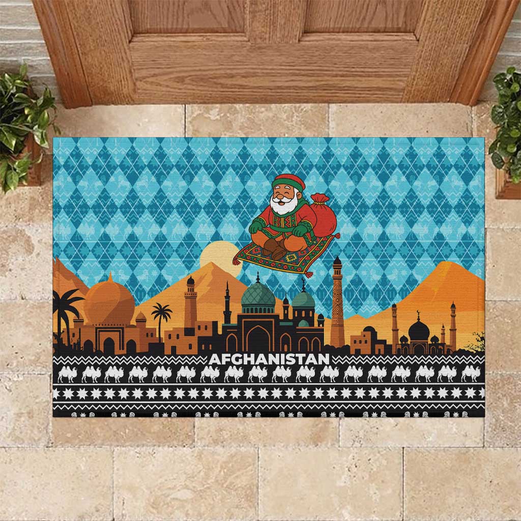Afghanistan Christmas Rubber Doormat with Santa on Flying Carpet Mosque Camels and Desert Sunset Design - Wonder Print Shop