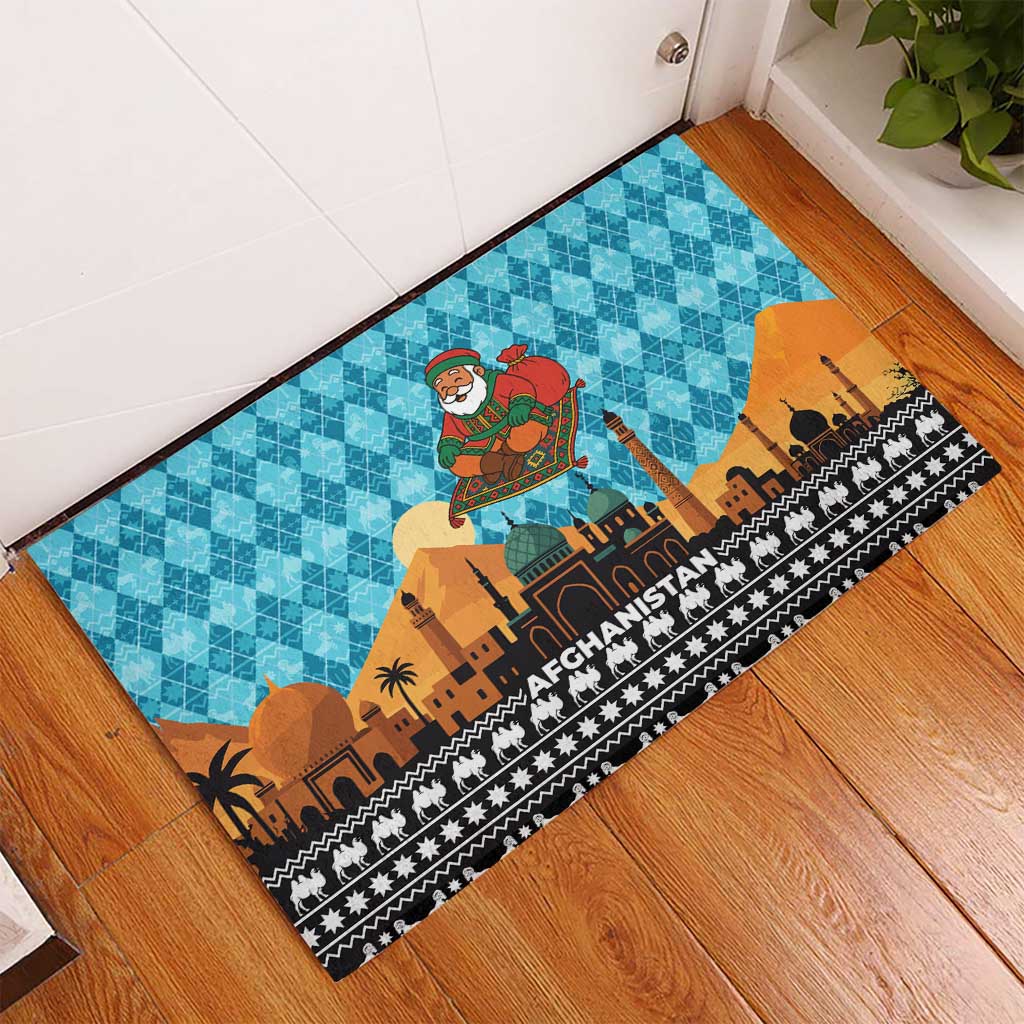 Afghanistan Christmas Rubber Doormat with Santa on Flying Carpet Mosque Camels and Desert Sunset Design - Wonder Print Shop