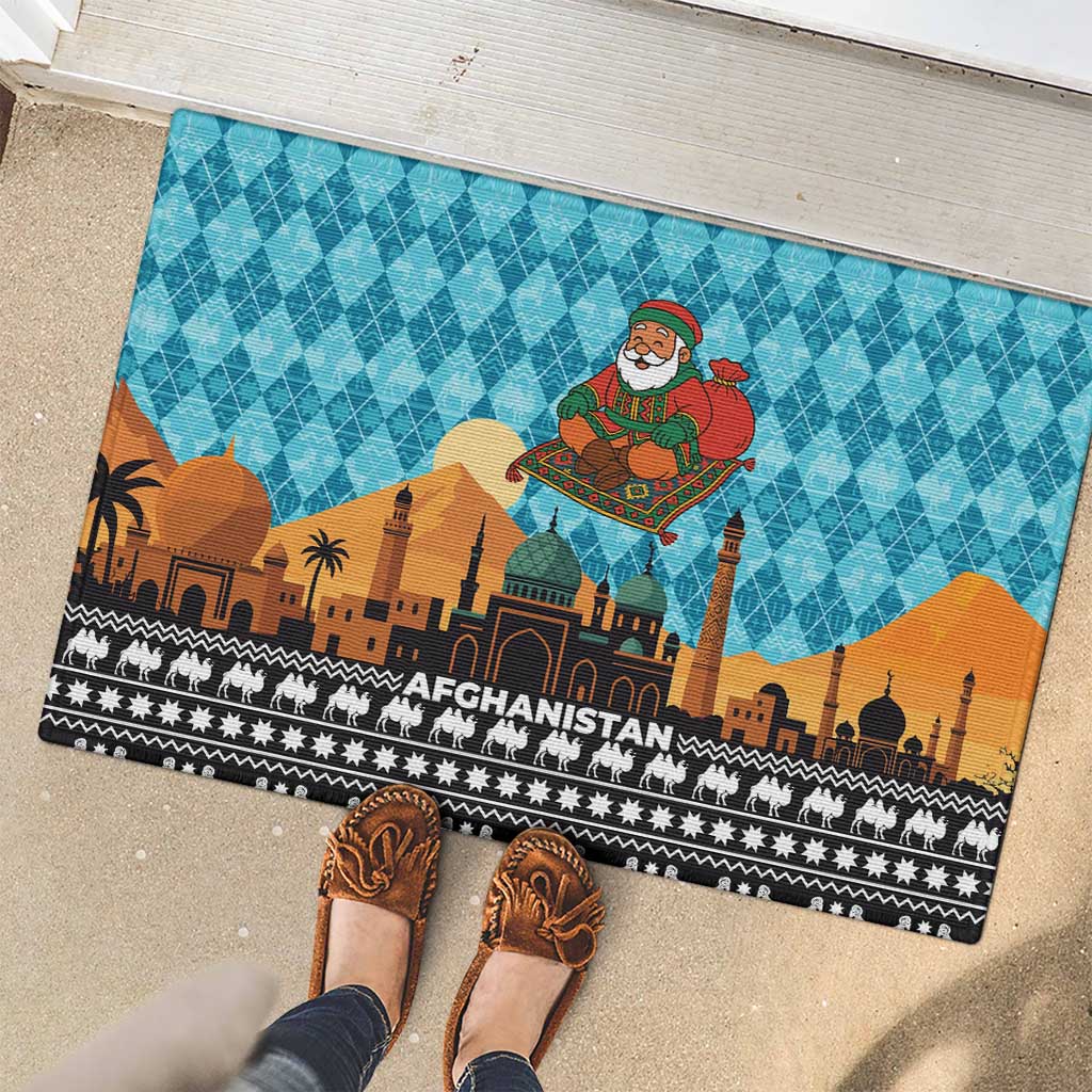 Afghanistan Christmas Rubber Doormat with Santa on Flying Carpet Mosque Camels and Desert Sunset Design - Wonder Print Shop