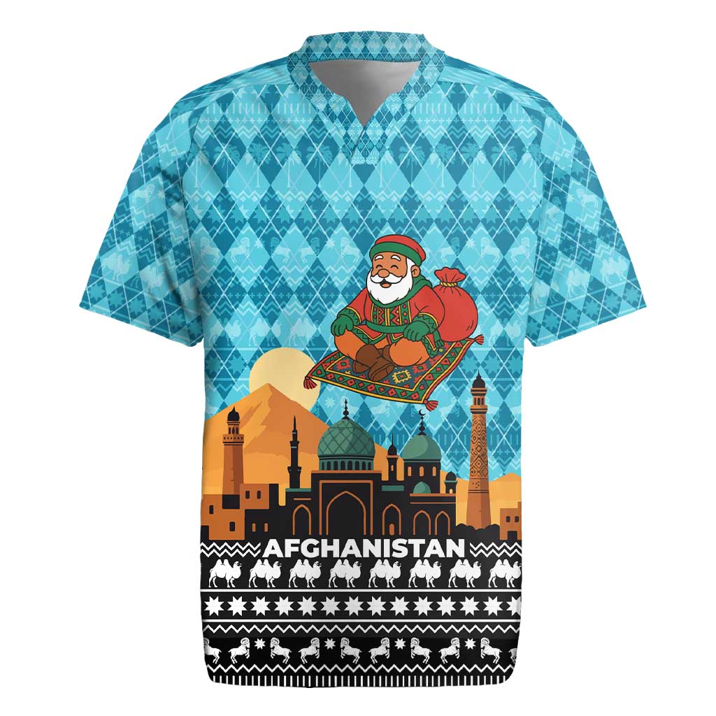 Afghanistan Christmas Rugby Jersey with Santa on Flying Carpet Mosque Camels and Desert Sunset Design - Wonder Print Shop