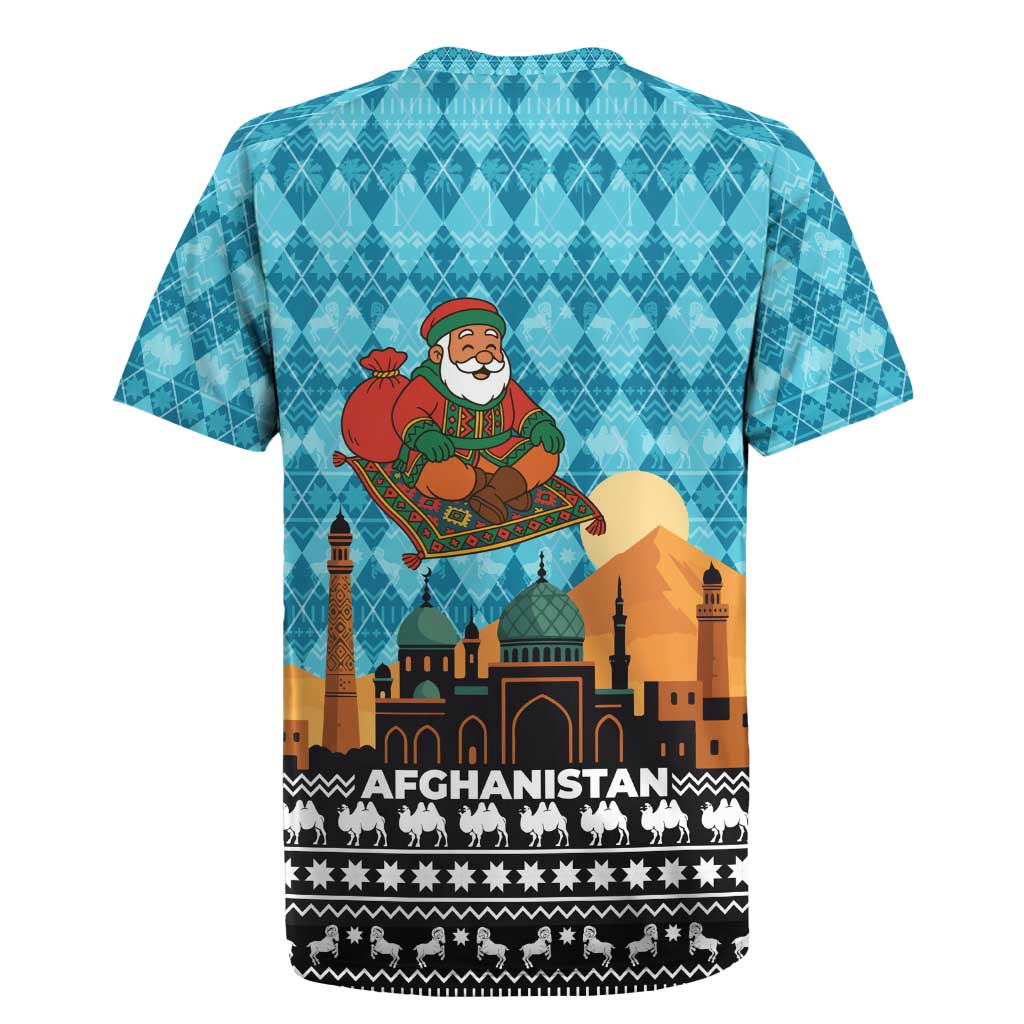 Afghanistan Christmas Rugby Jersey with Santa on Flying Carpet Mosque Camels and Desert Sunset Design - Wonder Print Shop