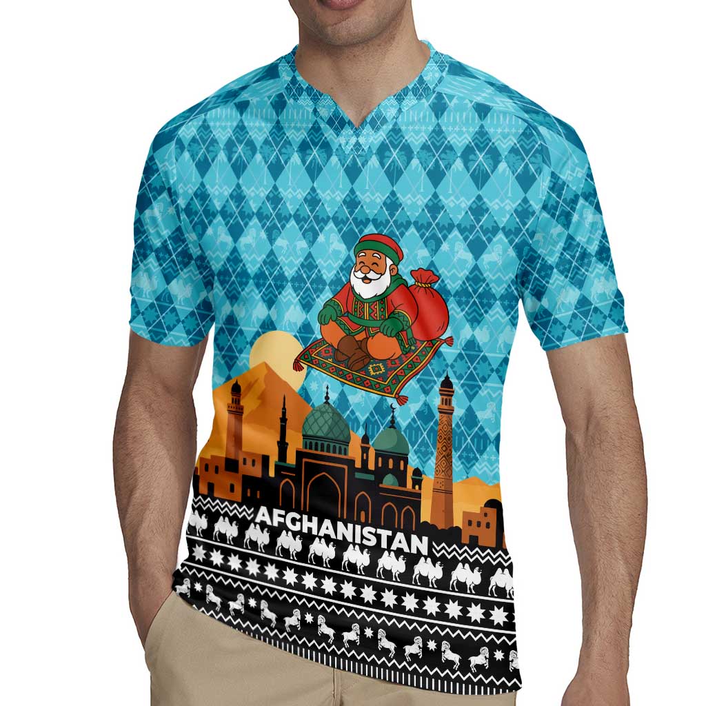 Afghanistan Christmas Rugby Jersey with Santa on Flying Carpet Mosque Camels and Desert Sunset Design - Wonder Print Shop