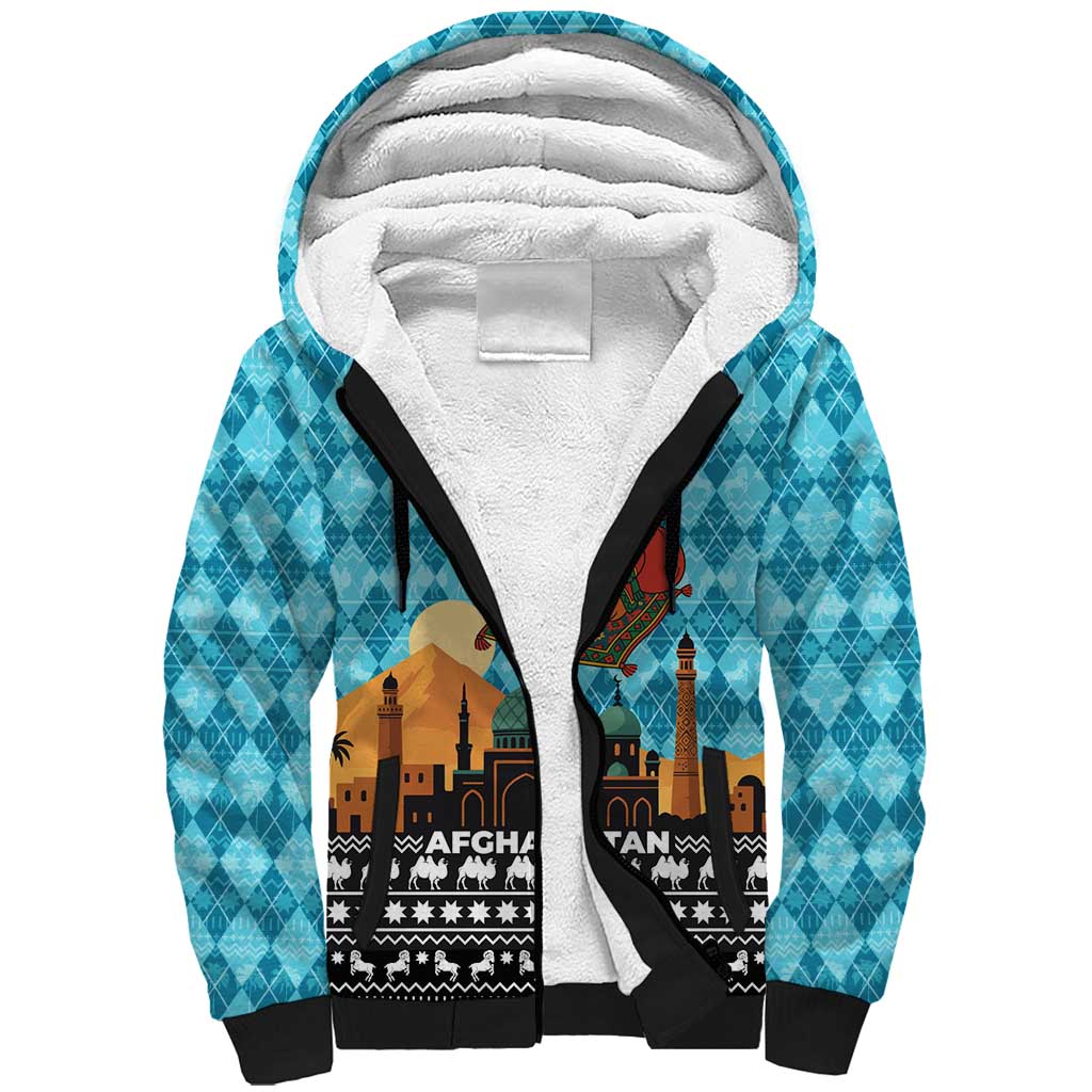 Afghanistan Christmas Sherpa Hoodie with Santa on Flying Carpet Mosque Camels and Desert Sunset Design - Wonder Print Shop