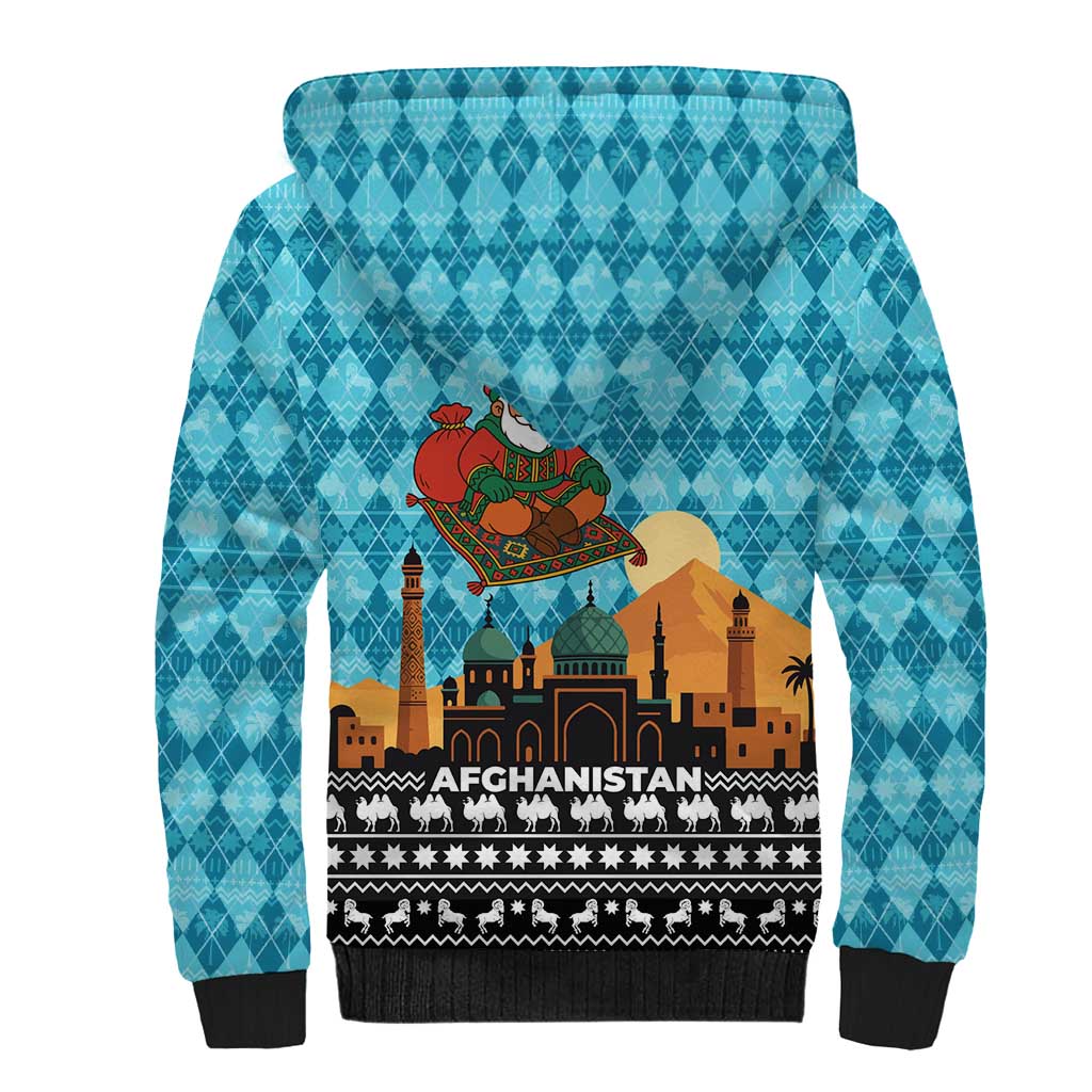 Afghanistan Christmas Sherpa Hoodie with Santa on Flying Carpet Mosque Camels and Desert Sunset Design - Wonder Print Shop