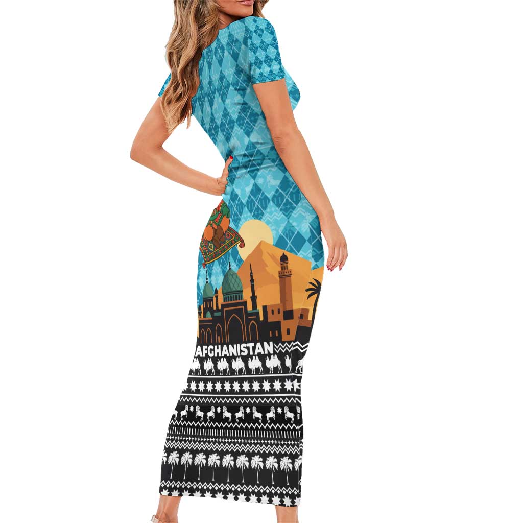 Afghanistan Christmas Short Sleeve Bodycon Dress with Santa on Flying Carpet Mosque Camels and Desert Sunset Design - Wonder Print Shop