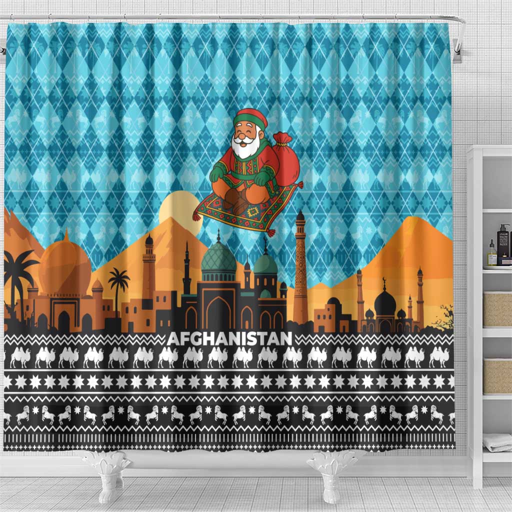 Afghanistan Christmas Shower Curtain with Santa on Flying Carpet Mosque Camels and Desert Sunset Design - Wonder Print Shop