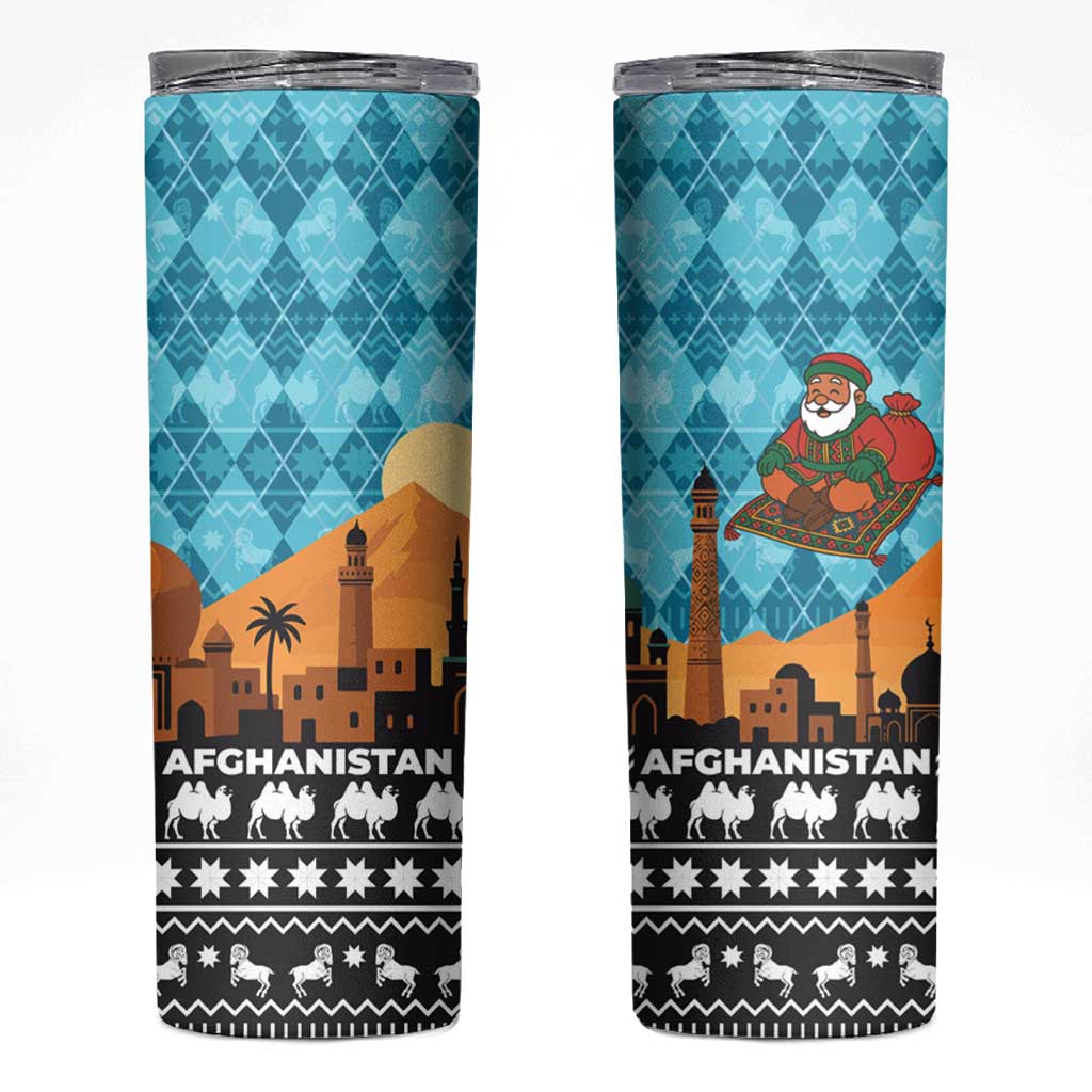 Afghanistan Christmas Skinny Tumbler with Santa on Flying Carpet Mosque Camels and Desert Sunset Design - Wonder Print Shop