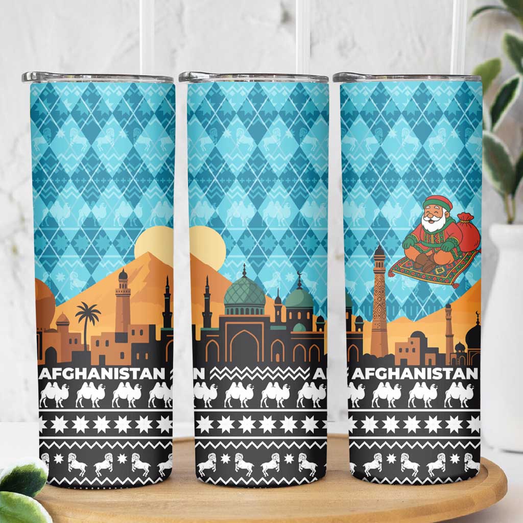 Afghanistan Christmas Skinny Tumbler with Santa on Flying Carpet Mosque Camels and Desert Sunset Design - Wonder Print Shop