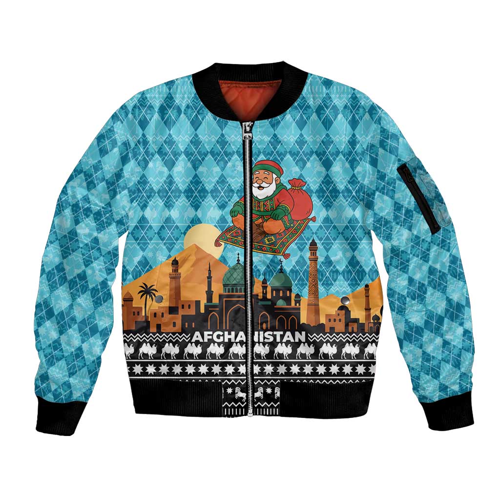 Afghanistan Christmas Sleeve Zip Bomber Jacket with Santa on Flying Carpet Mosque Camels and Desert Sunset Design - Wonder Print Shop