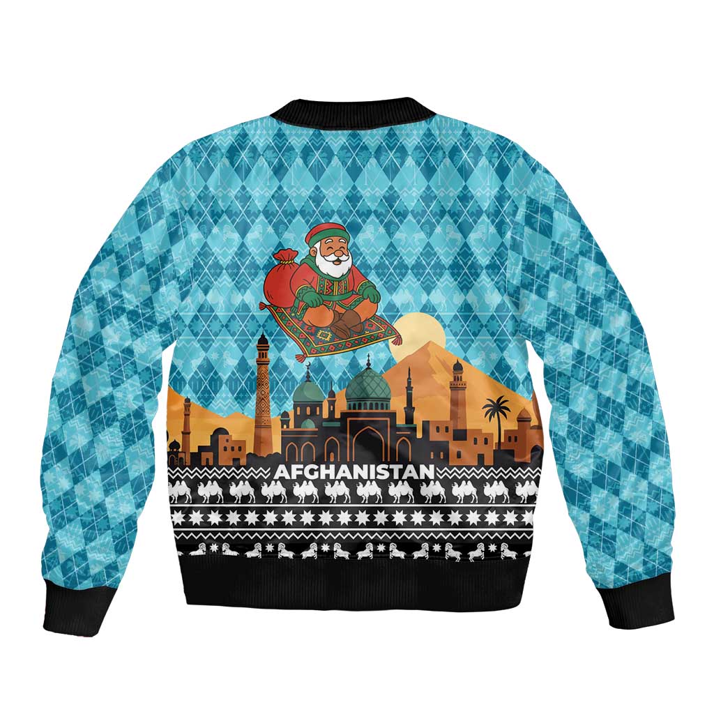 Afghanistan Christmas Sleeve Zip Bomber Jacket with Santa on Flying Carpet Mosque Camels and Desert Sunset Design - Wonder Print Shop
