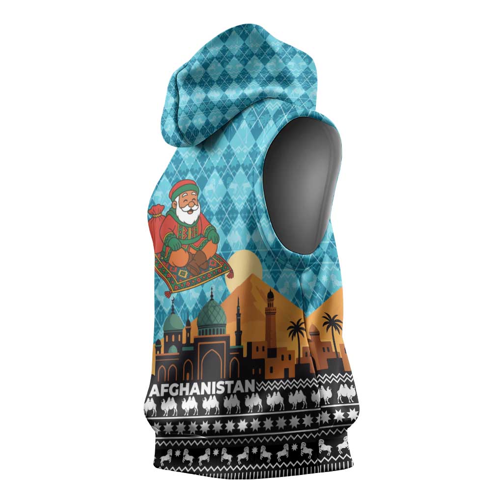Afghanistan Christmas Sleeveless Hoodie with Santa on Flying Carpet Mosque Camels and Desert Sunset Design - Wonder Print Shop