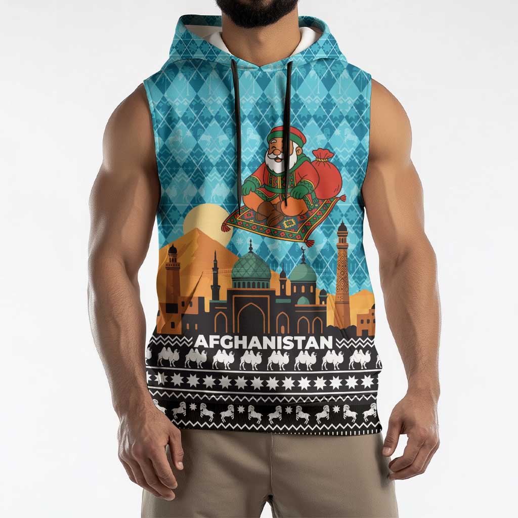 Afghanistan Christmas Sleeveless Hoodie with Santa on Flying Carpet Mosque Camels and Desert Sunset Design - Wonder Print Shop