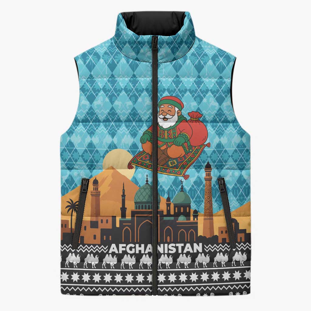 Afghanistan Christmas Sleeveless Puffer Jacket with Santa on Flying Carpet Mosque Camels and Desert Sunset Design - Wonder Print Shop