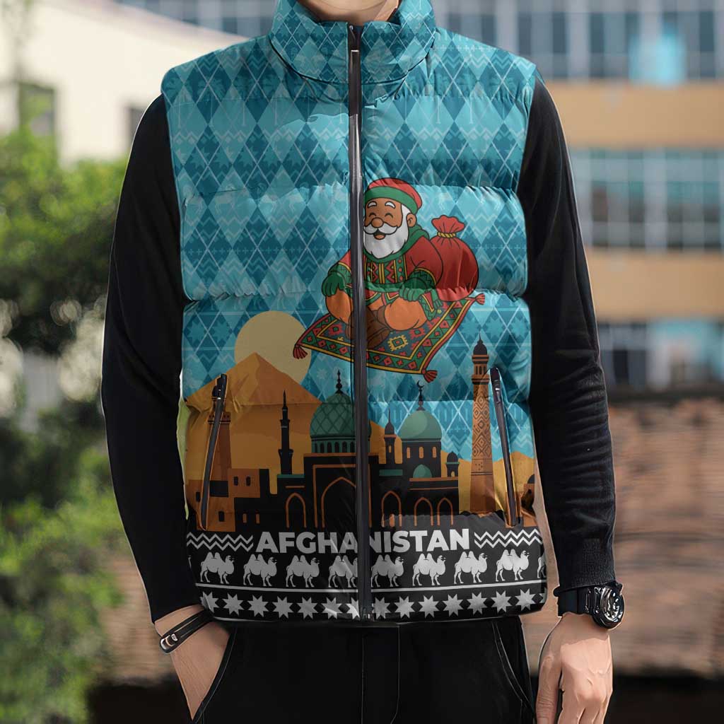 Afghanistan Christmas Sleeveless Puffer Jacket with Santa on Flying Carpet Mosque Camels and Desert Sunset Design - Wonder Print Shop
