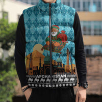 Afghanistan Christmas Sleeveless Puffer Jacket with Santa on Flying Carpet Mosque Camels and Desert Sunset Design - Wonder Print Shop