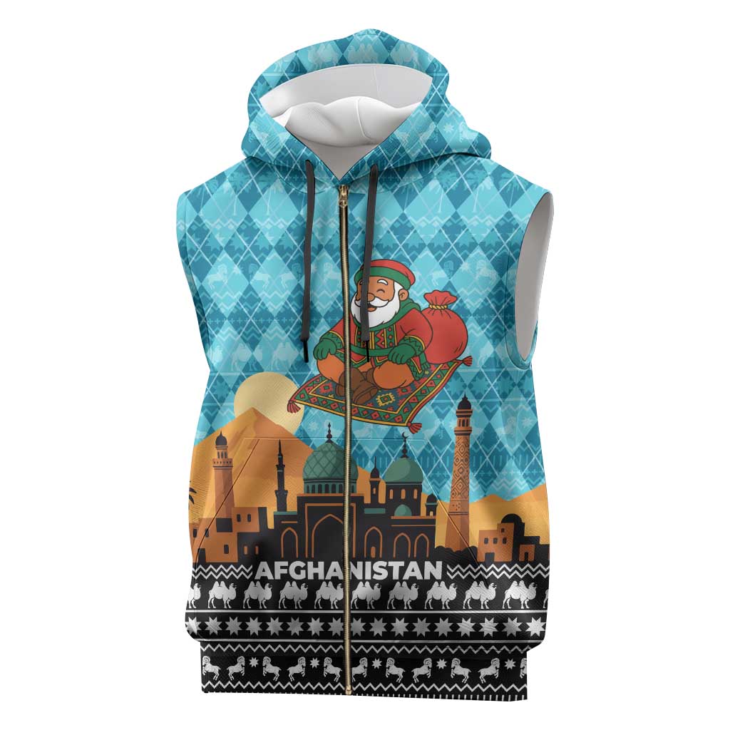 Afghanistan Christmas Sleeveless Zip Hoodie with Santa on Flying Carpet Mosque Camels and Desert Sunset Design - Wonder Print Shop